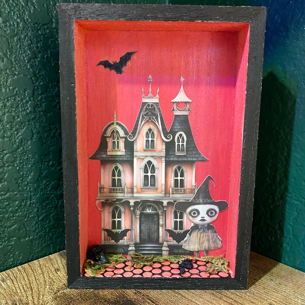 Gothic Shadow Box with Haunted House and Witch